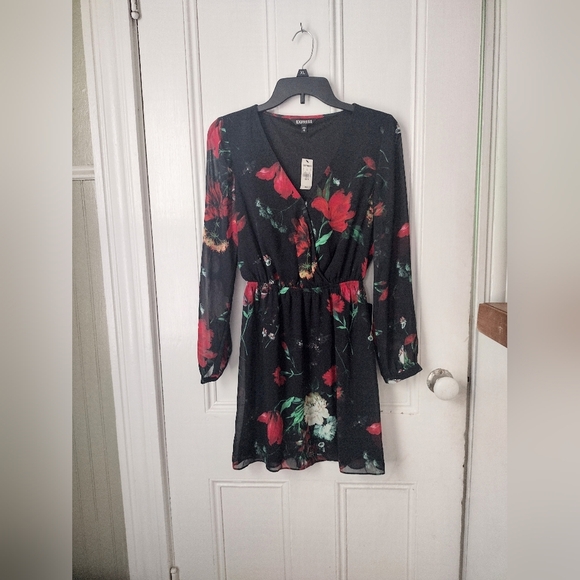 Express Dresses & Skirts - Express Black and Red Sheer Floral Dress